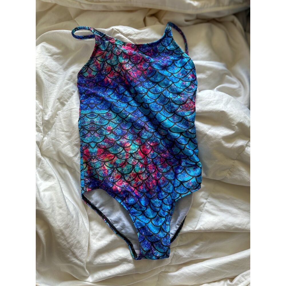 Girls 1 Piece Cross Back Adjustable Straps Mermaid Swimsuit  Size 7/8 GUC